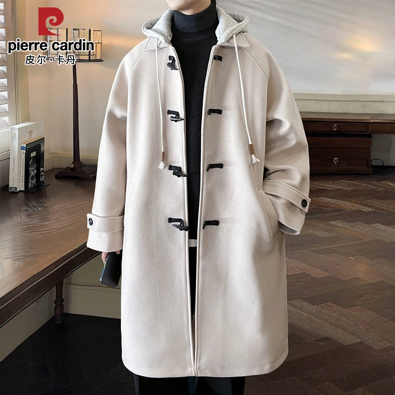 皮尔卡丹男士毛呢大衣秋冬季新款休闲连帽韩版牛角扣潮流风衣青年