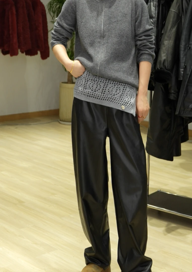 西夏尚美【9767】2024时尚新款牛皮休闲裤显瘦高腰百搭黑色复古宽松