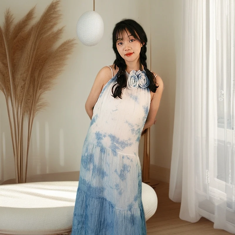 高腰长裙无袖夏季扎染夏天连衣裙碎花复古旗袍提花印花洋气衣服女