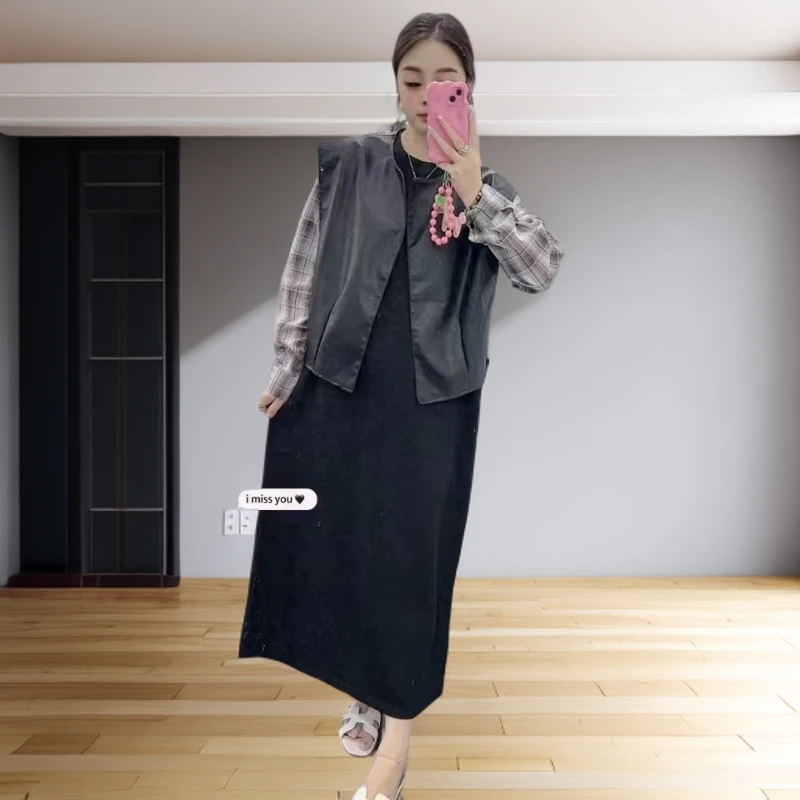 2025早秋新款时尚气质百搭PU马甲复古气质拼接连衣裙套装