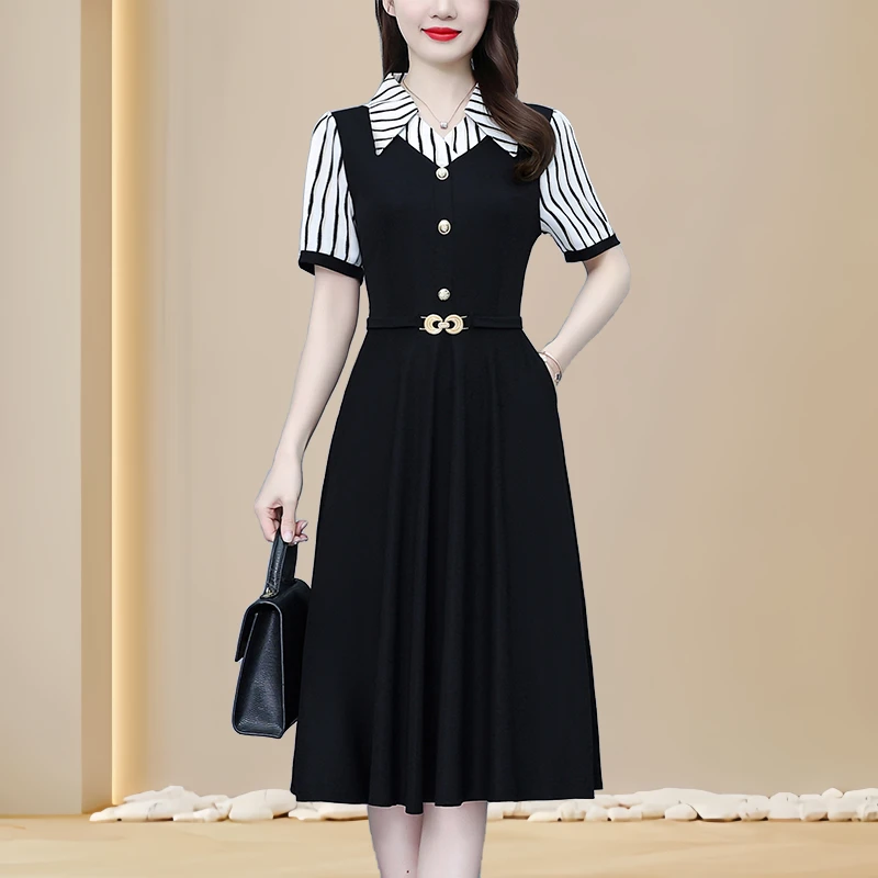中年妈妈装夏款条纹气质简约大码女装胖MM新中式短袖连衣裙中长款