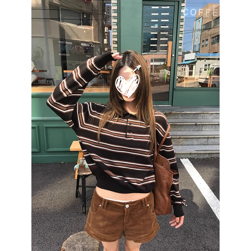 针织衫女早秋新款韩系休闲设计感复古拼色条纹POLO领宽松长袖上衣