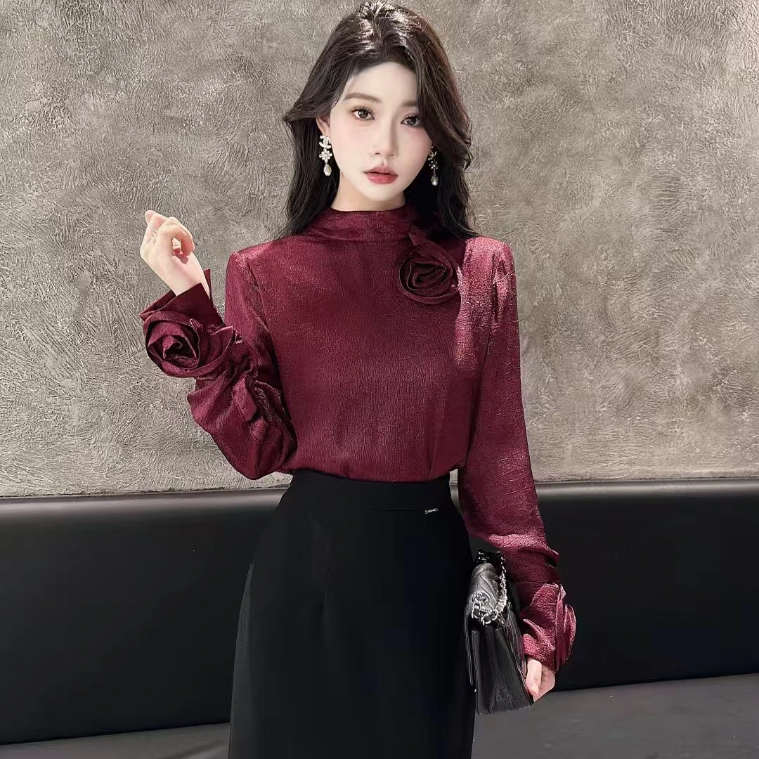 2221双面双穿缎面美感优雅显瘦立体装饰长袖衬衫大码女装
