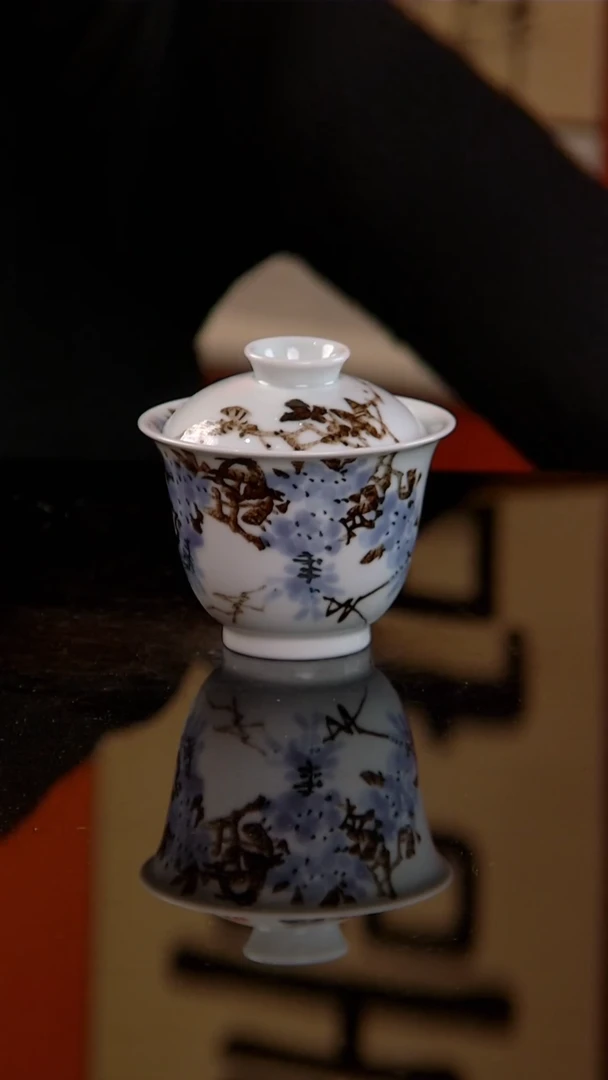 李华手绘釉中五彩紫藤花盖碗