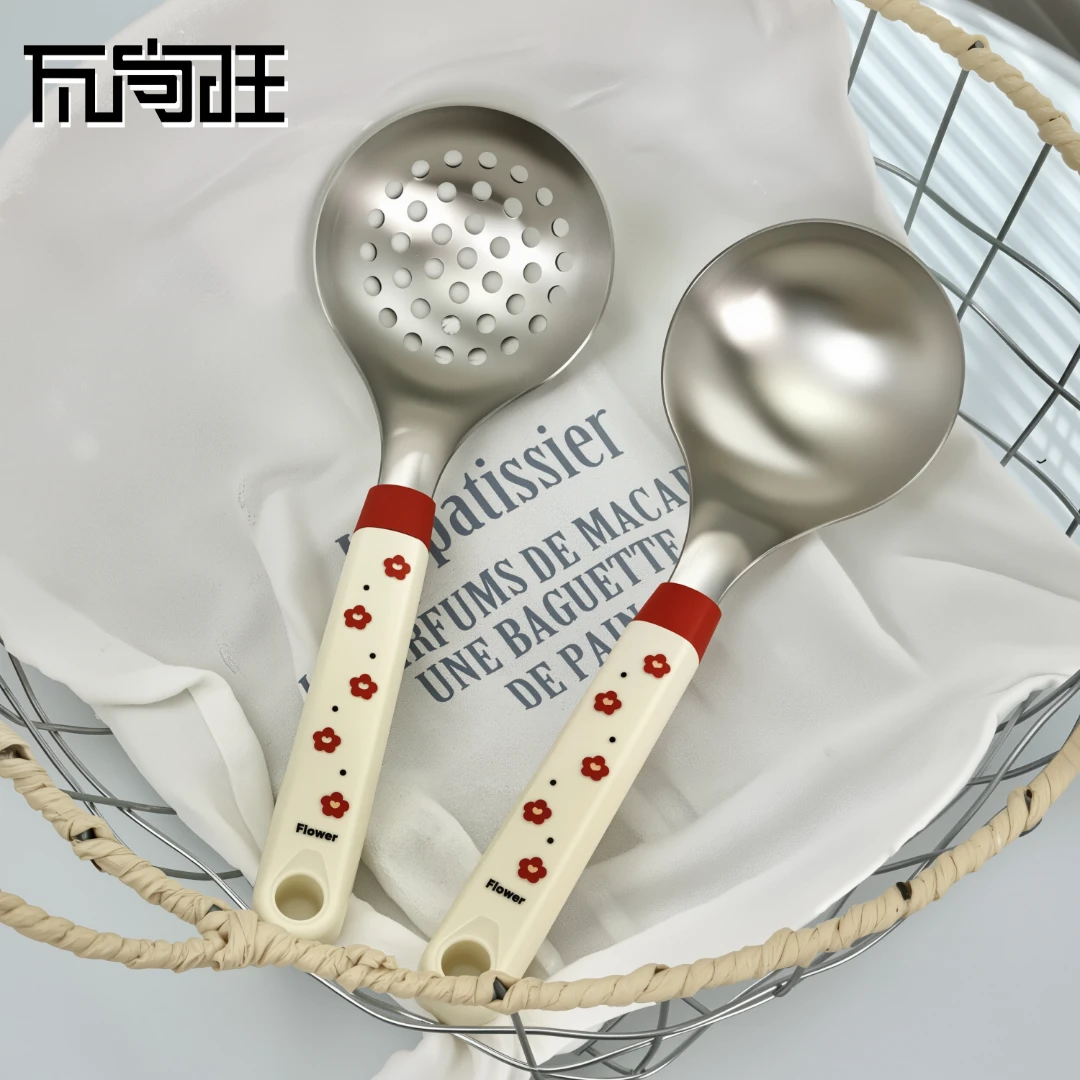 瓦尚旺餐厨烹饪用具不锈钢316防烫汤勺奶白短柄红花餐桌盛粥勺子