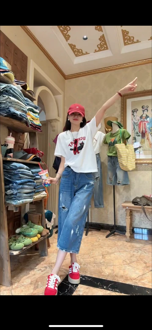 2025夏季新款时髦率性梨形A字阔腿七分阔腿裤宽松时尚洋气牛仔裤