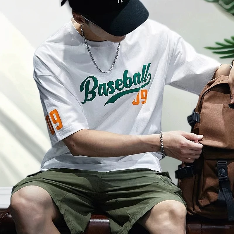 短袖t恤男士夏季新款字母印花圆领潮牌ins宽松大码纯棉美式体恤潮