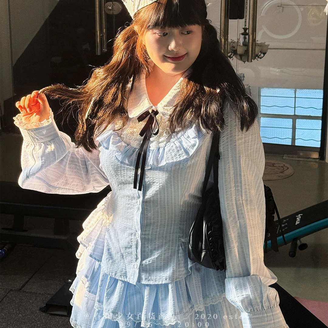 德莱西小姐大码套装蛋糕裙甜美秋季收腰显瘦设计感蕾丝边复古小众