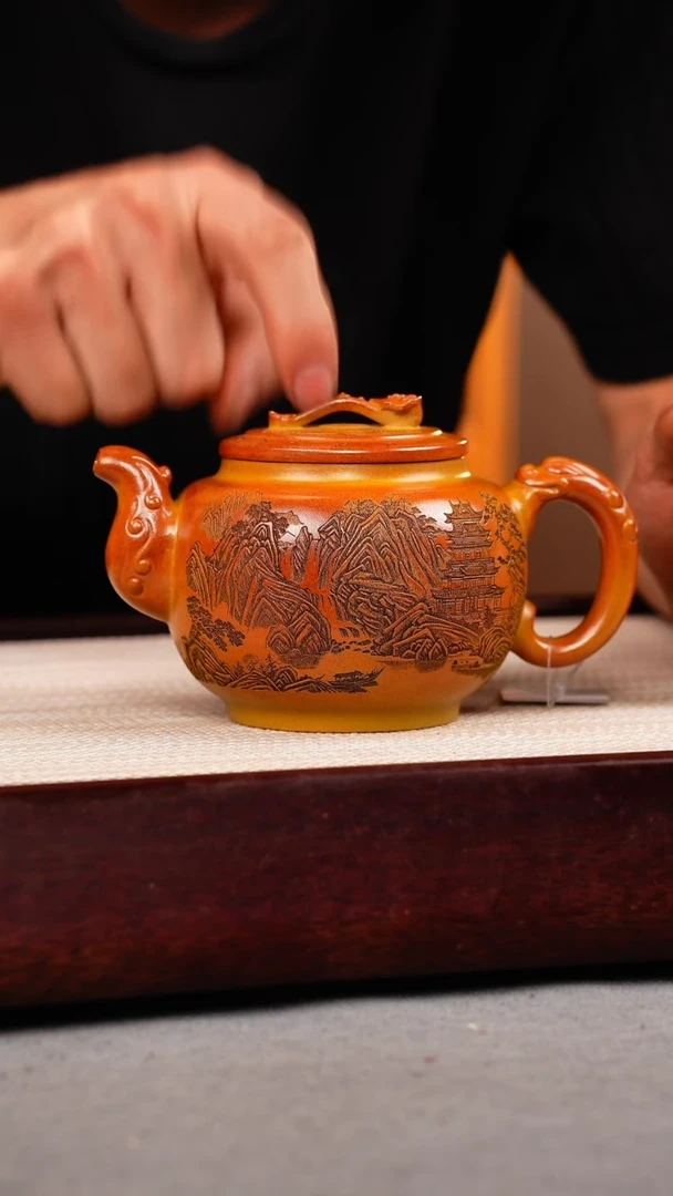 茶壶紫砂九段烧 如意鼓壶 刻绘