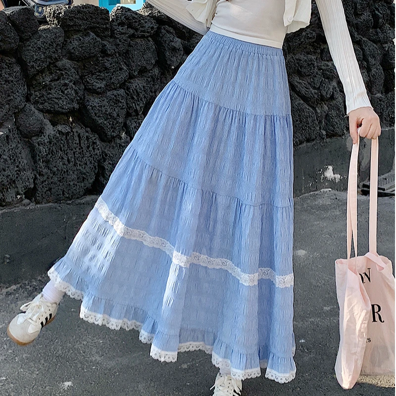 2025春装新款胖mm大码女设计感高腰A字蕾丝花边蛋糕裙伞裙21255