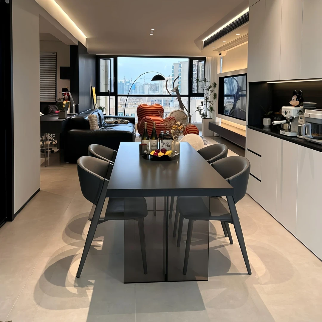 亚克力悬浮下挂轻奢餐厅餐桌意式极简款创意小户型黑色家用餐桌