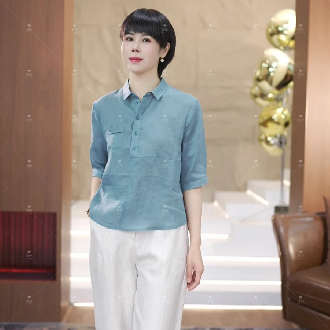 【渲渲推荐】H-5190夏季时尚气质口袋翻领麻料小衫