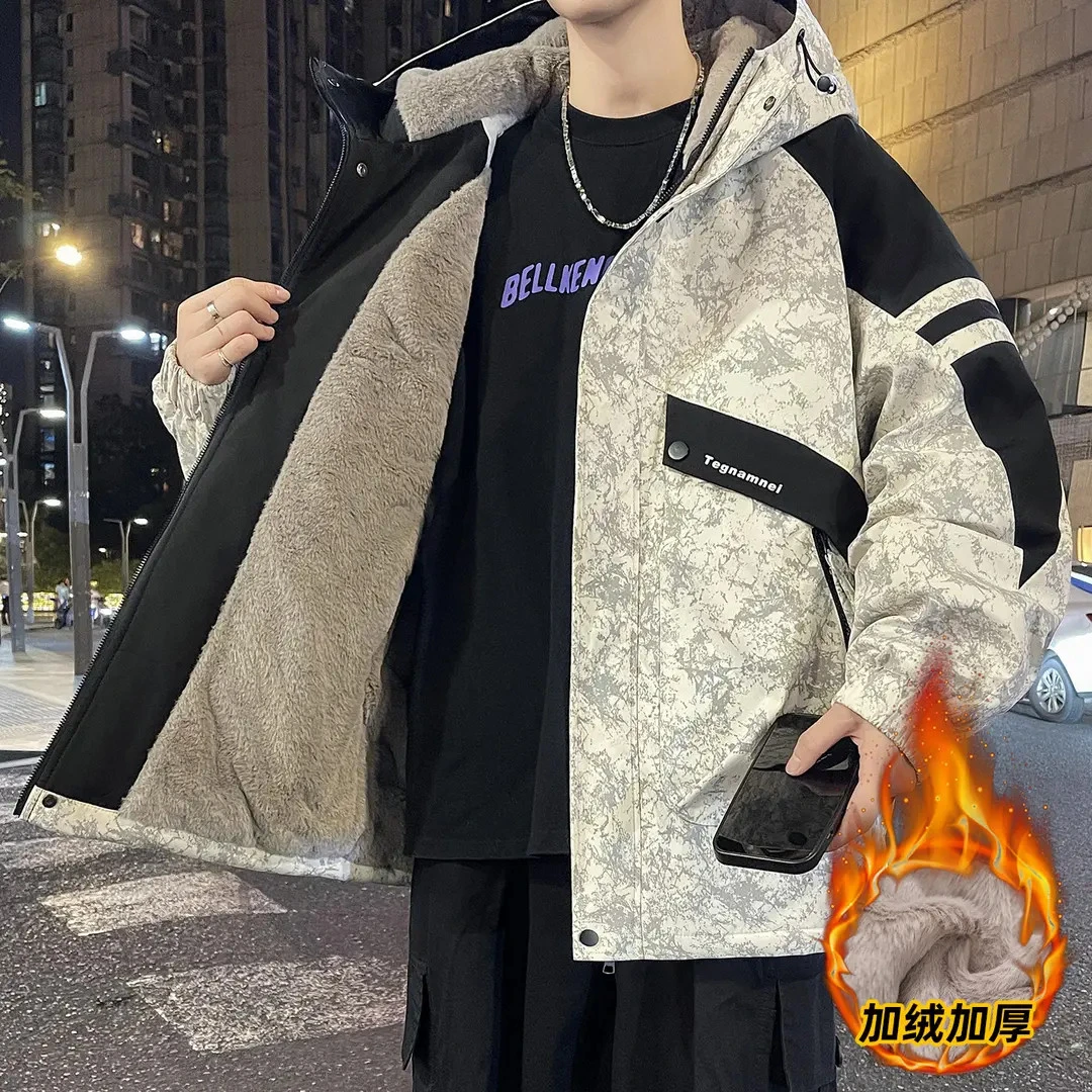 加厚加绒青少年连帽夹克男秋冬季新款学生宽松休闲棉服港风外套潮