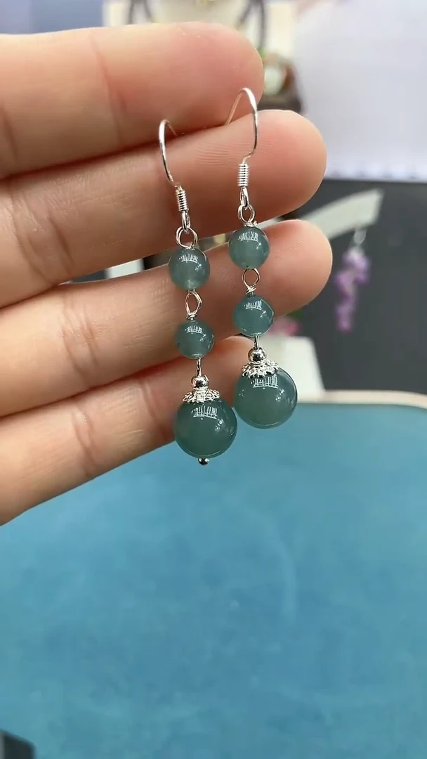 【闪购商品】翡翠耳饰银S925镶嵌10mm蓝水耳钩F3