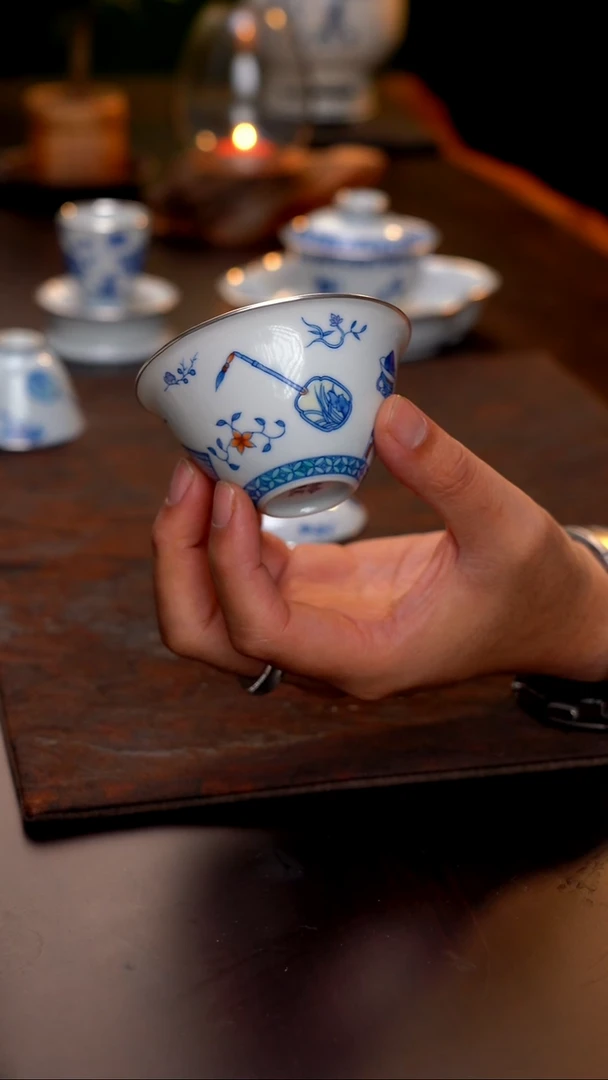 琴棋书画盖碗三包银口
