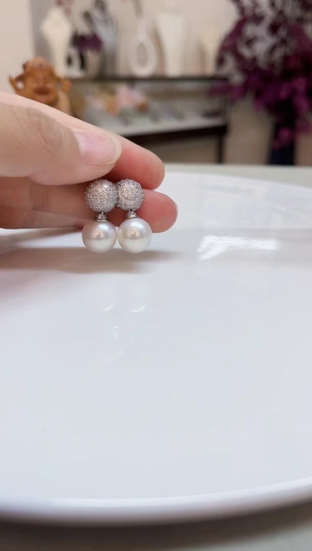 银S925镶嵌耳饰淡水珍珠11-12mm