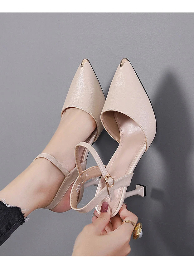 真皮包头凉鞋尖头女高跟女士时尚百搭夏季外穿一字带细跟高跟鞋