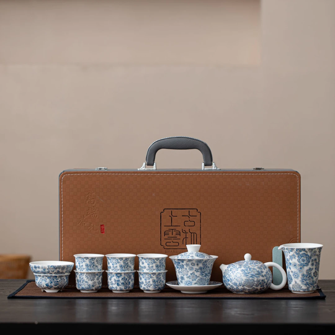 青花羊脂玉瓷掐丝银繁花功夫茶具套装可悬停泡茶防烫家用送礼佳品