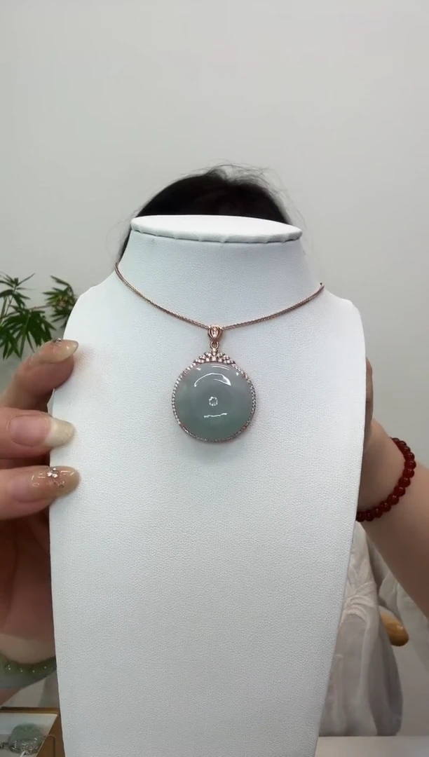 翡翠银S925镶嵌吊坠(赠链)平安扣玫瑰银边