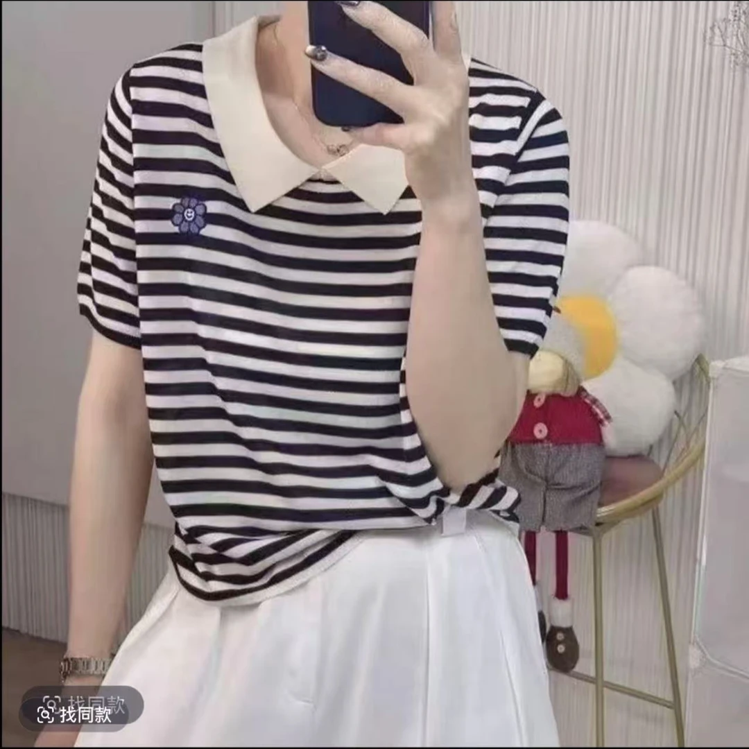 绣花翻领polo宽松常规休闲不时尚上衣条纹毛针织衫翻领夏季