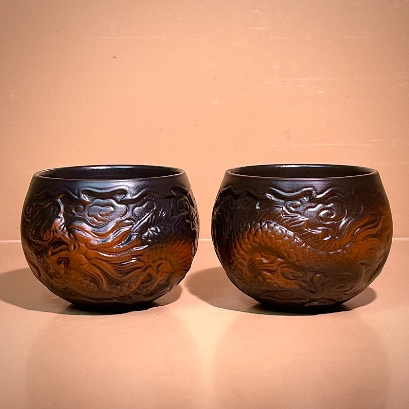 紫陶祥龙茶杯主人杯功夫泡茶盏杯品茗杯大宽口客人杯2个装E238