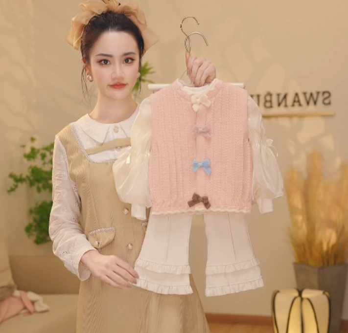 【Y.d8446】25春季女童可爱蝴蝶结马甲百搭打底衫微喇长裤休闲套装