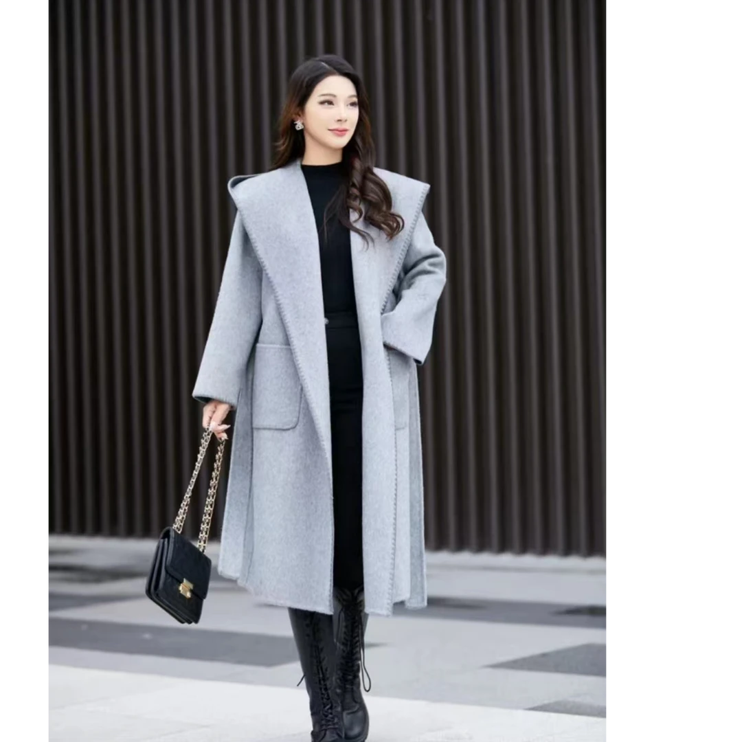 【佳佳力推】连帽浴袍双面中长款羊毛大衣（手工缝制） 3107