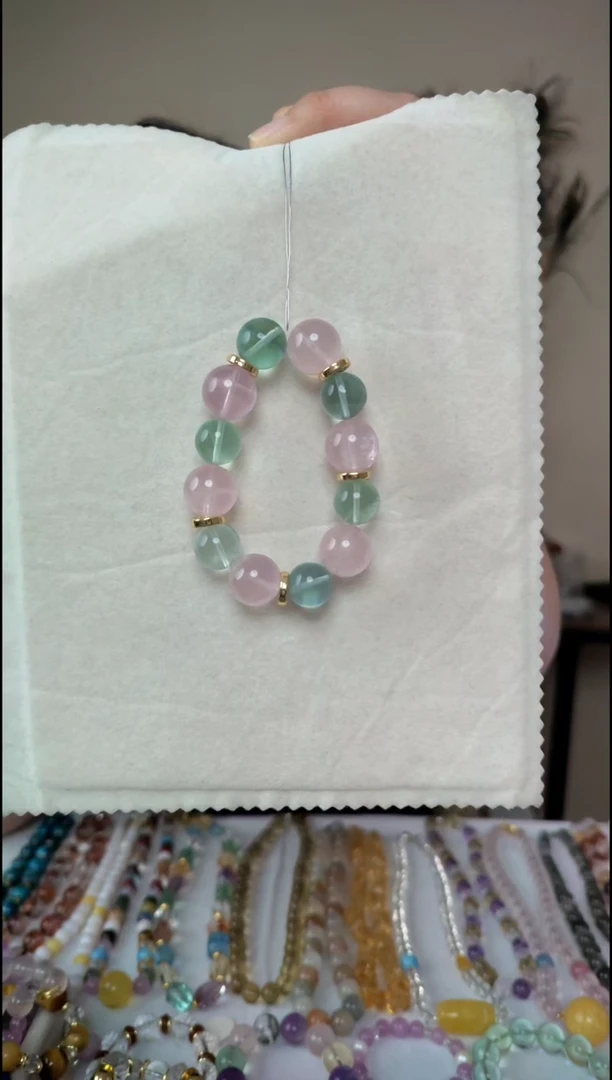 合金手链水晶天然水透马粉绿萤石手链