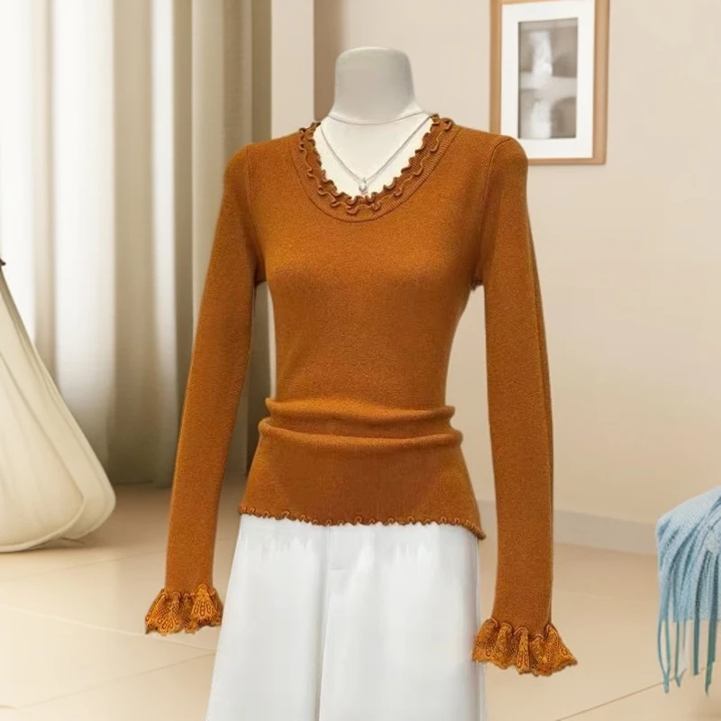 韩系设计款蕾丝拼接袖子双层木耳边长袖针织衫