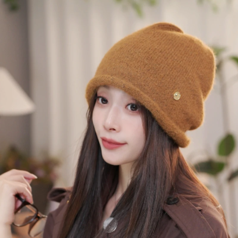 卷边堆堆帽女秋冬防风保暖针织包头冷帽韩版洋气百搭慵懒风月子帽
