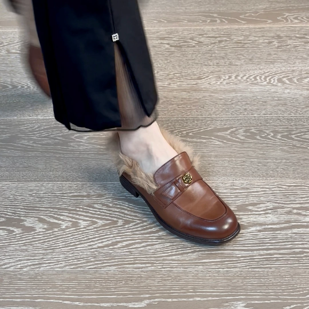 3CM水洗牛皮春季深口复古风一脚蹬极简风低跟方头厚款乐福鞋女鞋