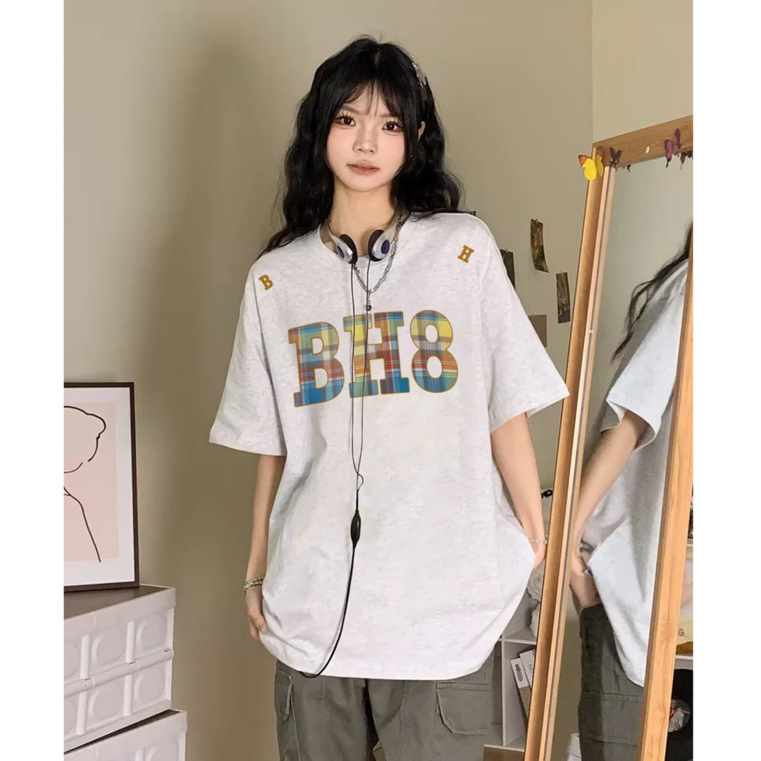 复古运动风字母贴布刺绣短袖T恤女夏重磅欧若风半袖宽松百搭上衣