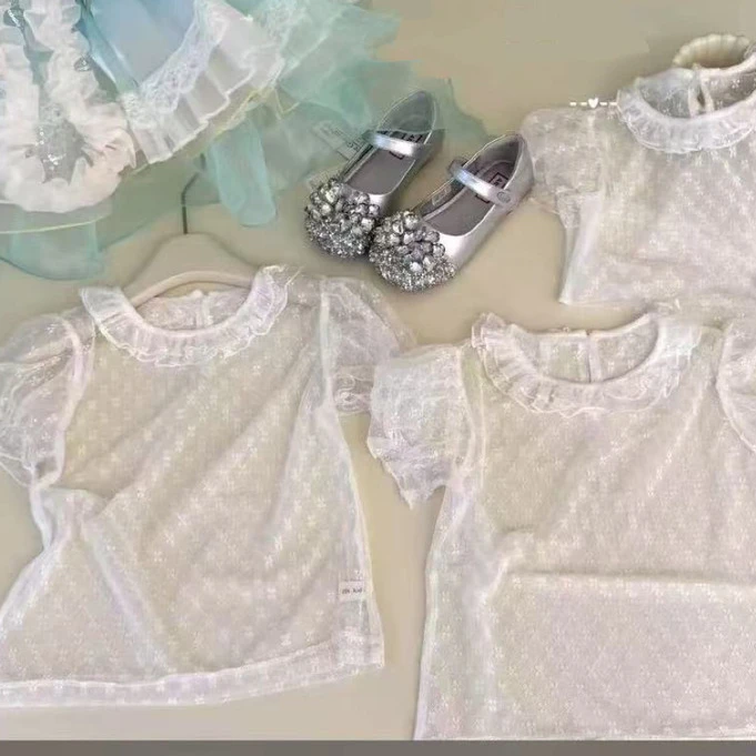 25x060-1女童短袖蕾丝内搭女宝纯色翻领柔软亲肤百搭衬衣打底衫