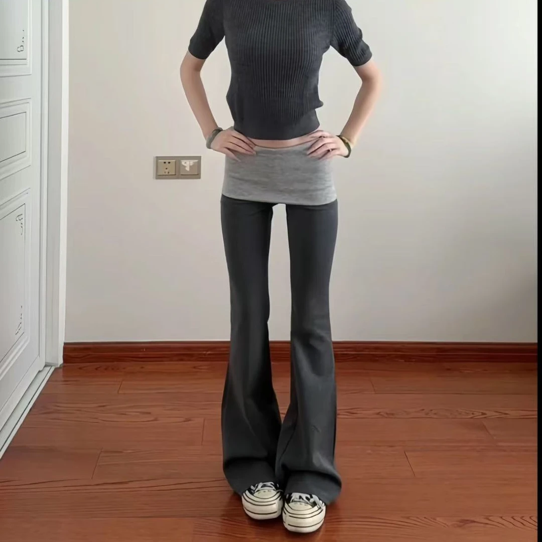 【现货】夏季微喇叭裤女新款辣妹低腰显瘦修身时尚双色拼接休闲裤子