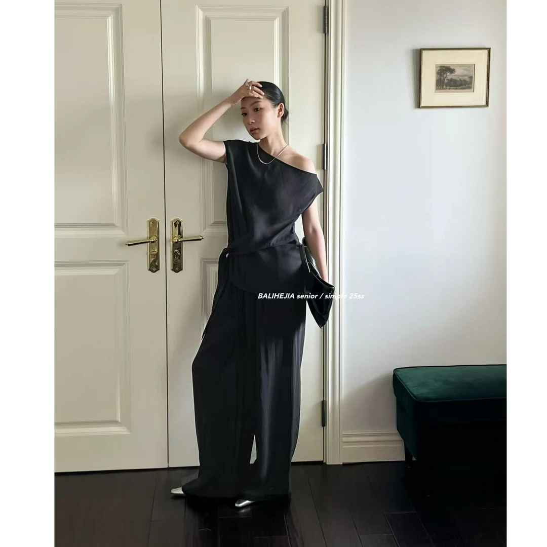 十三行BALIHEJIA-夏季福秒斜肩上衣＋防晒长裤套装#25366