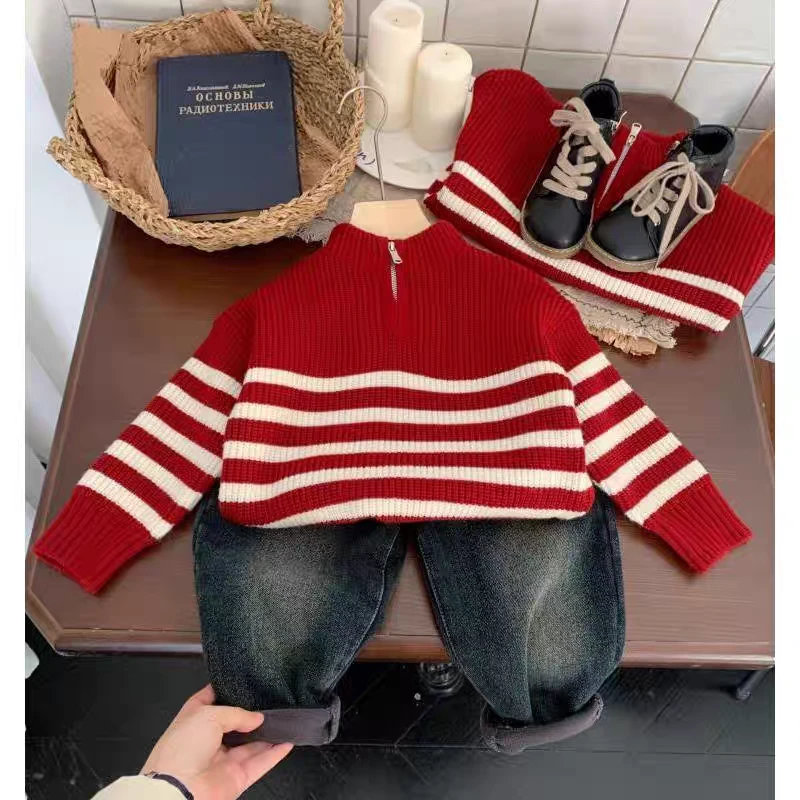 2号链接-年款毛衣儿童韩版条纹线衫拉链款本命年毛衣儿童红色喜庆