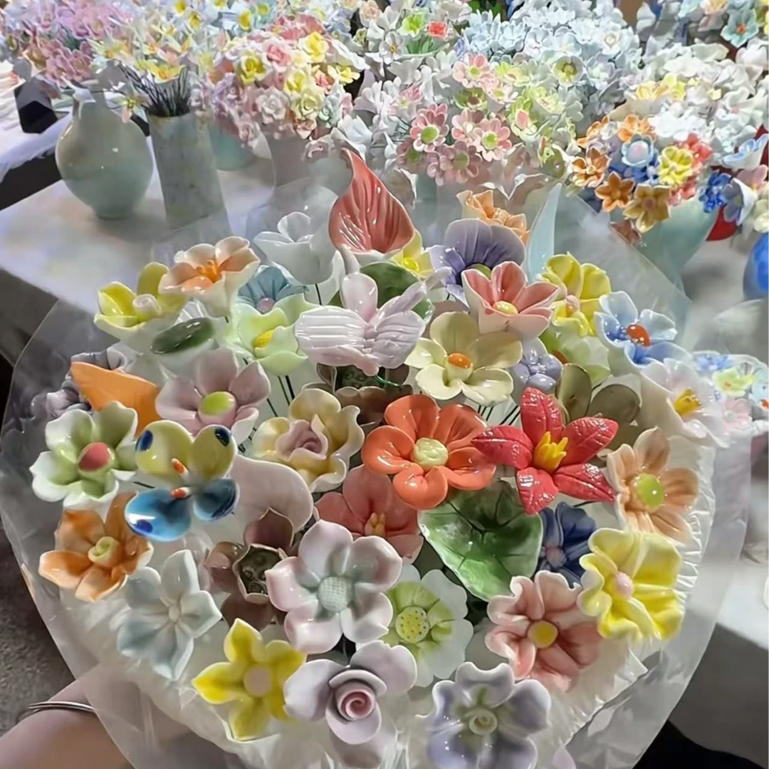 景德镇陶瓷花手工瓷花桌面摆件防过敏永生花造景花送闺蜜生日礼物