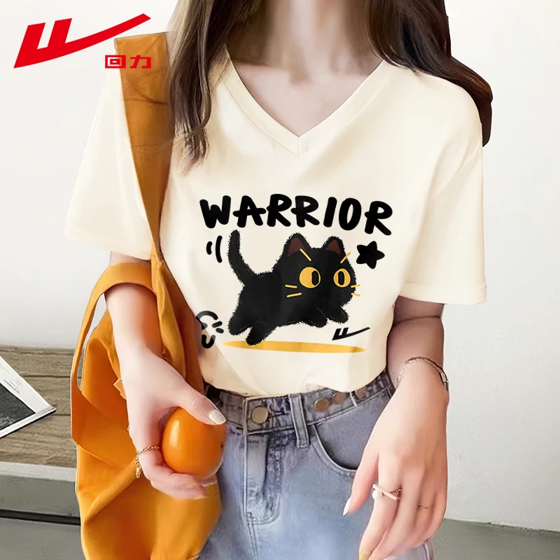 回力V领纯棉短袖t恤女夏季小众休闲半袖杏色韩版卡通印花上衣女生