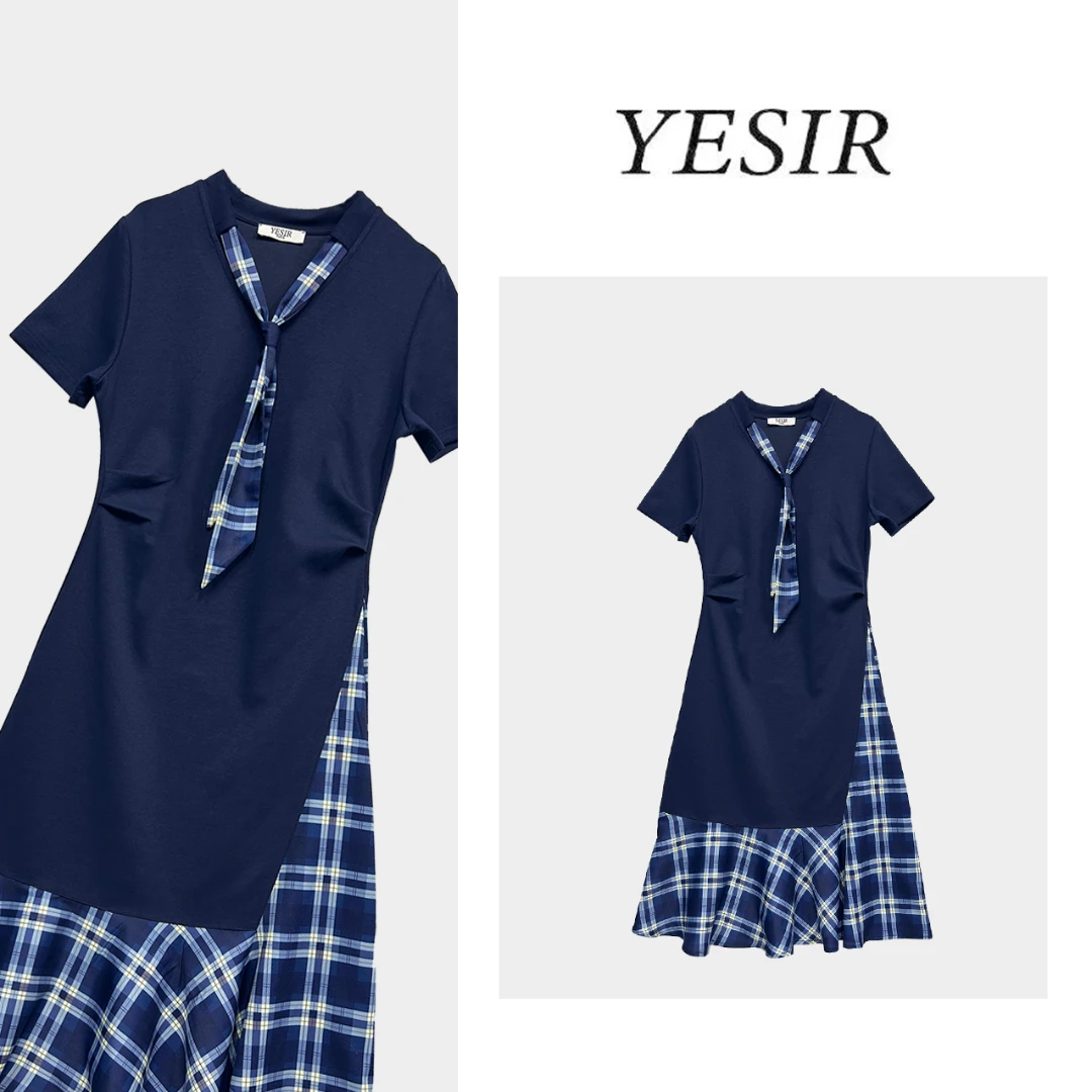 Q25155-宝蓝色时尚拼接波点设计收腰连衣裙