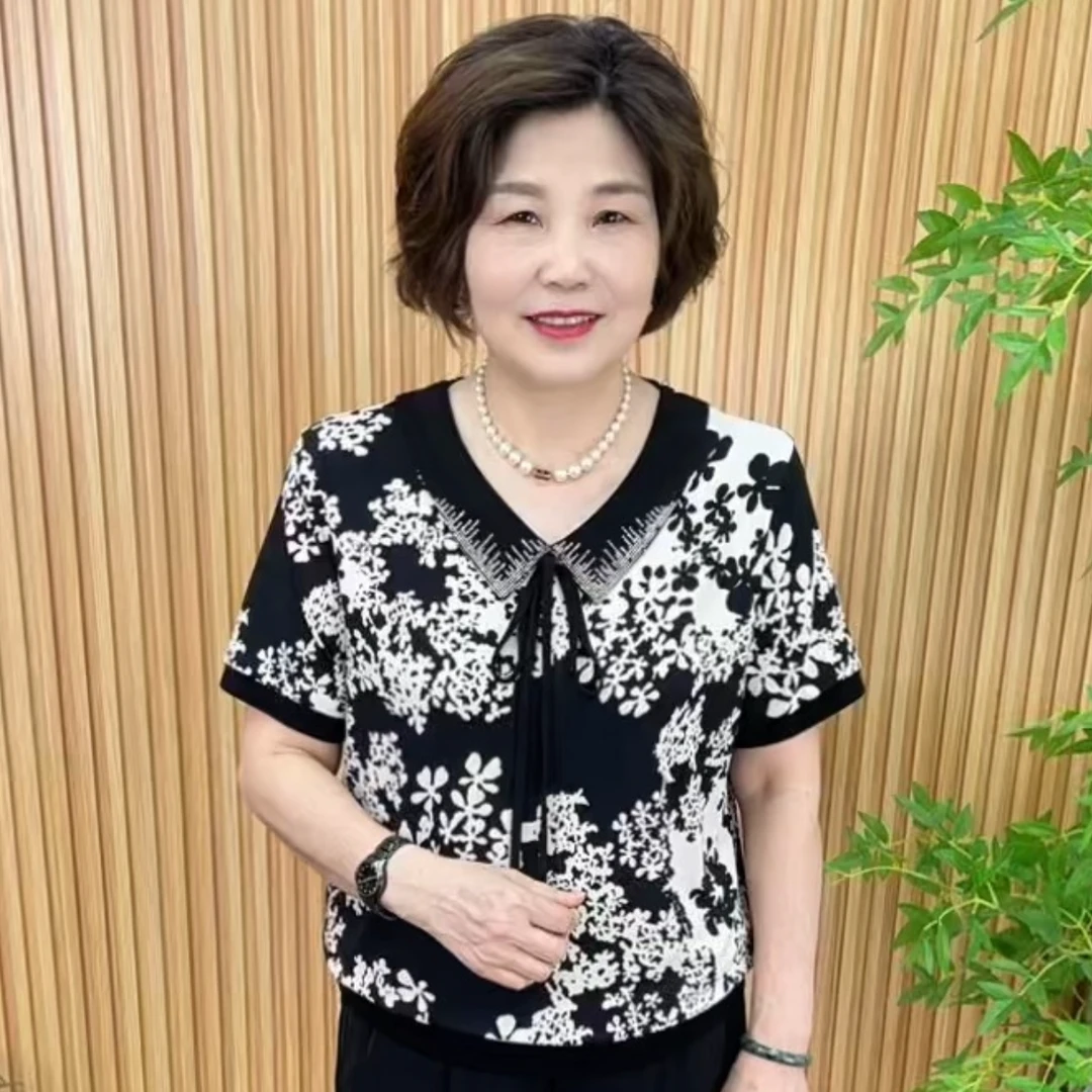 时尚常规款常规娃娃领中老年女装洋气显瘦女士夏季V8210