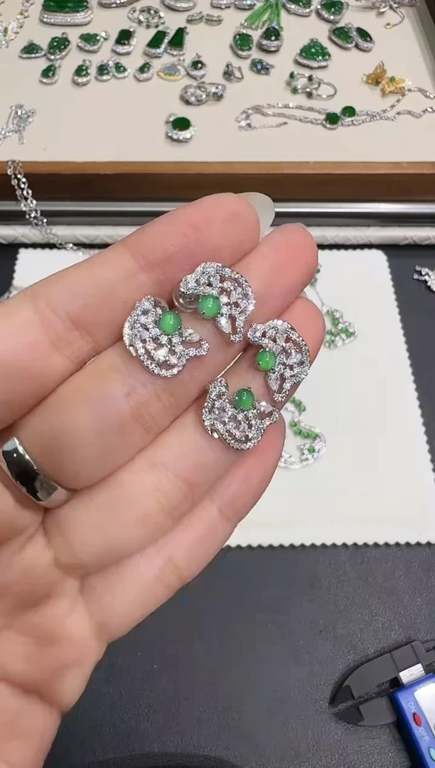 银S925镶嵌翡翠耳饰X1007-886-151多样性一对