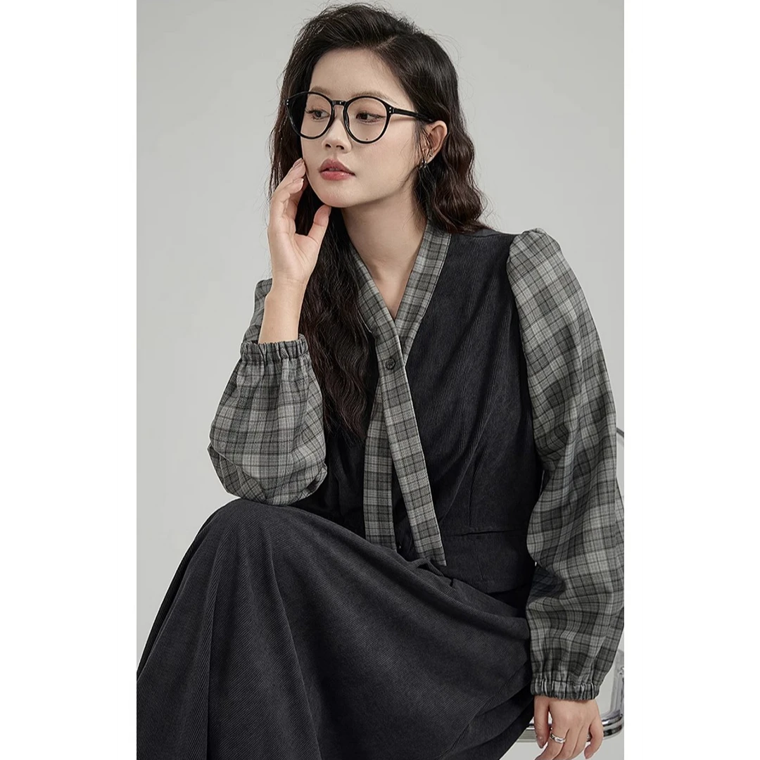 GUIER/桂儿灯芯绒拼接假两件衬衫女修身显瘦百搭泡泡袖上衣27142