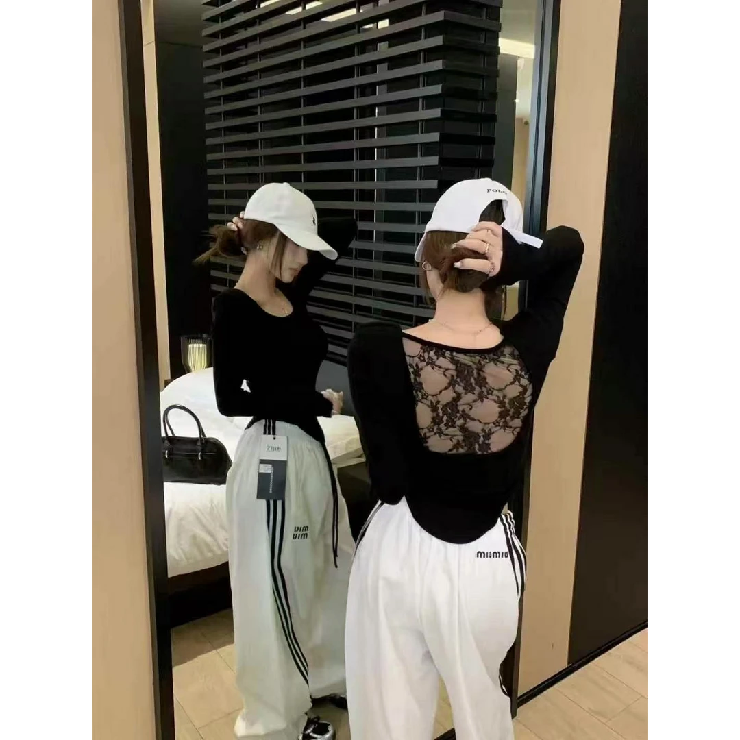 晚古欧 百搭 后背蕾丝小心机弹力针织显瘦百搭小衫