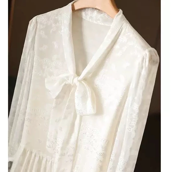 特价法式蝴蝶结领七分袖小个子提花桑蚕丝真丝连衣裙女