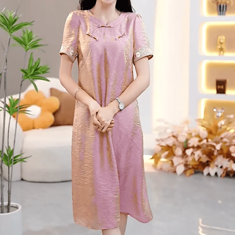 2025夏季新款时尚优雅气质中式高端收腰显瘦减龄休闲上档次连衣裙