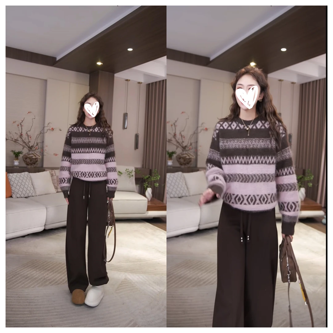 【色彩重奏】冬季新款慵懒风针织条纹长袖百搭套头毛衣针织衫W1093