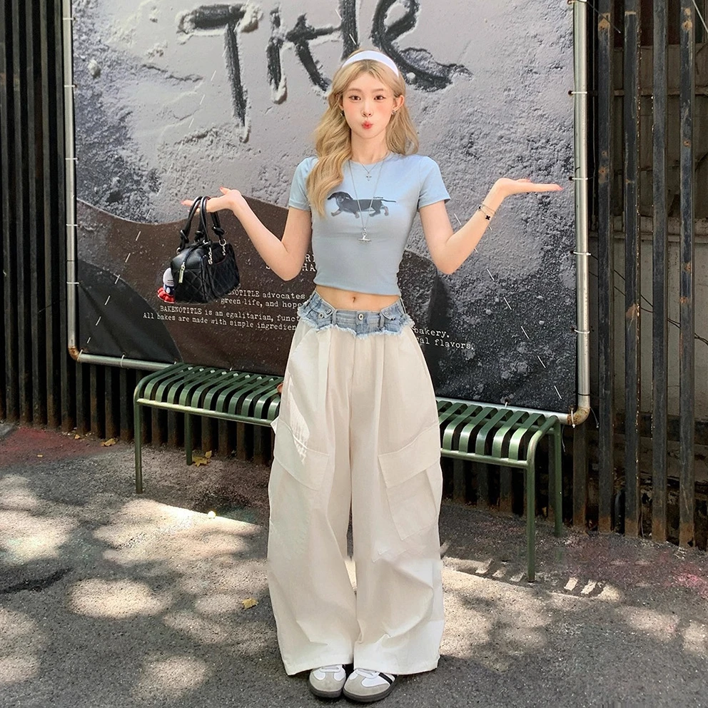 辣妹高腰显瘦牛仔拼接设计阔腿工装裤女2025夏季爆款休闲百搭长裤