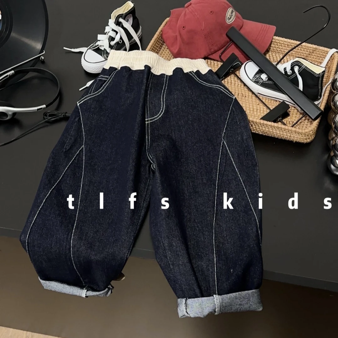 童例「25154拼色腰软牛仔裤」春季儿童百搭长裤男童女童韩版潮休闲