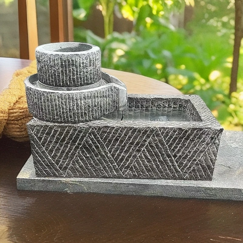 青石流水摆件庭院别墅酒店石磨流水造景摆件传统錾刻工艺可定制