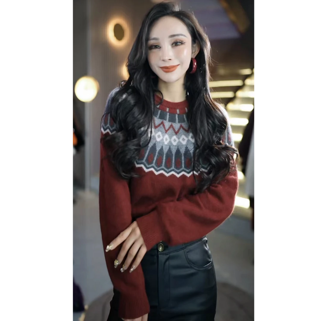 冬季时尚百搭加厚费尔岛圆领女士套头毛衫打底毛衣1m289201